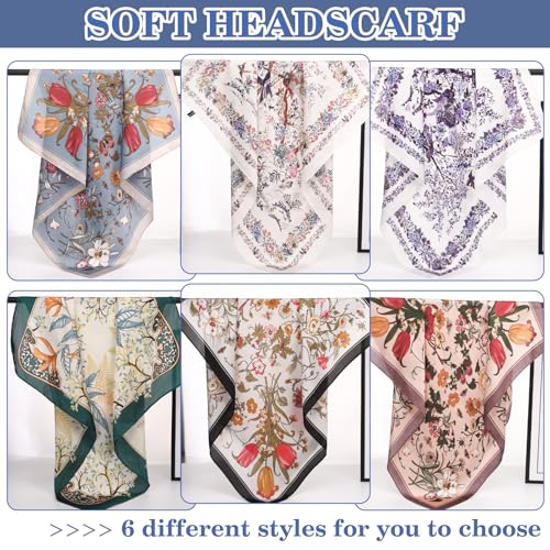 JATEBI 27''/35'' Women Large Satin Scarf Silk Feel Square Wraps Big Hair Bandanas Vintage Print Solid Color Bandana Scarves - color: Colorful Spring/Summer Floral, size: 27'' Medium