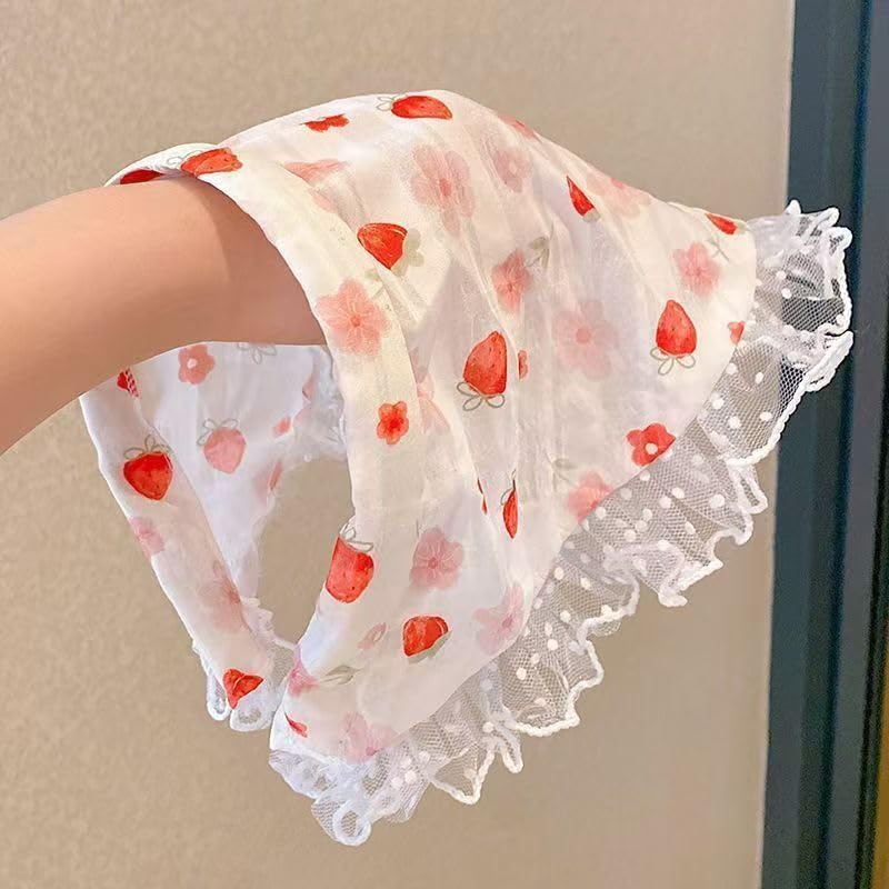 Women's Lace Bandana Headband, Vintage Gingham Triangle Scarf with Bow, French Retro Style for Boho Chic & Casual Outfits (27-Red strawberry, One Size) - color: 27-Red strawberry
