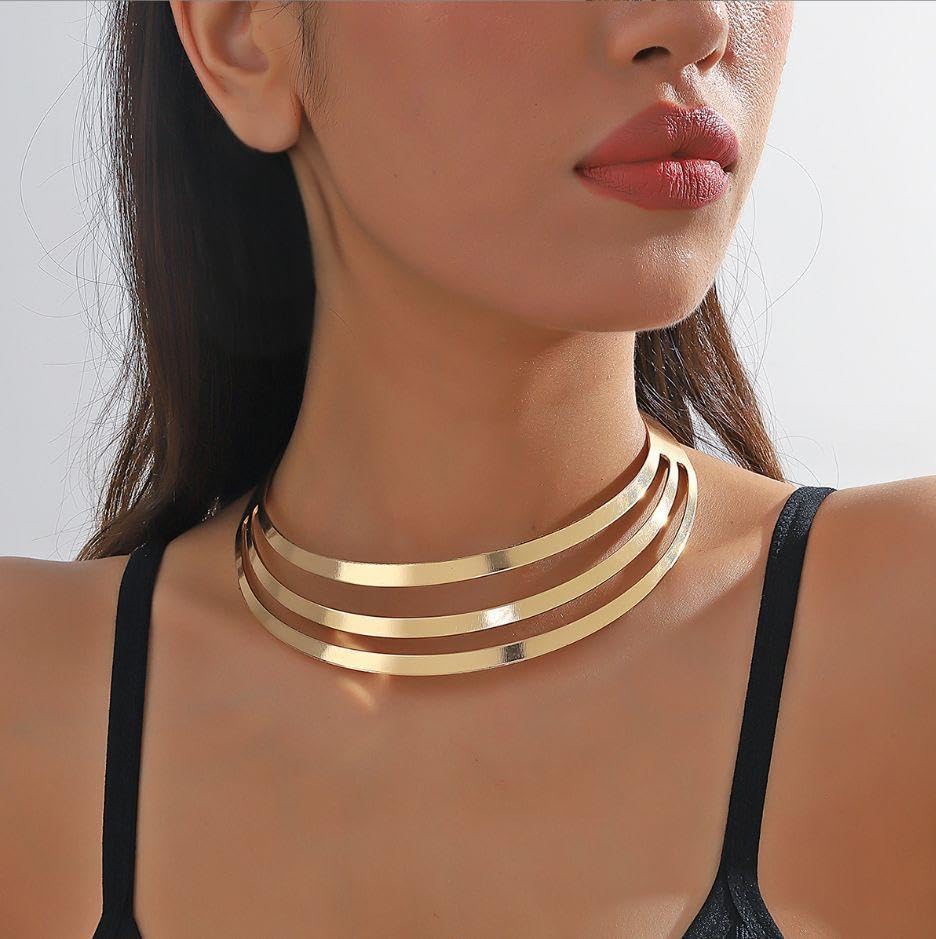 Gold Choker Necklaces for Women Exaggerated Ethnic Big Statement Necklaces African Tribe Wide Metal Choker Jewelry - style: styleA