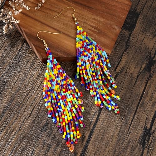 Flower Black Beaded Long Tassel Western Native American Earrings For Women Dangling - color: colorful