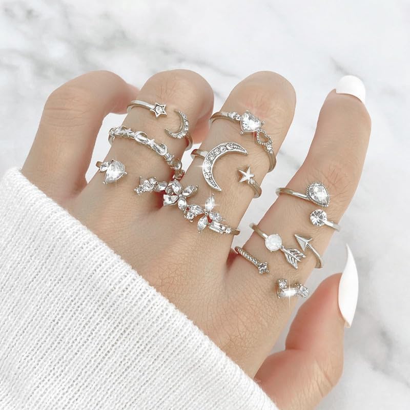 Gold Stackable Rings Set Moon Star Design Adjustable Rings for Everyday Wear Mid FingerPinky Ring Trendy Jewelry Gifts - color: I1
