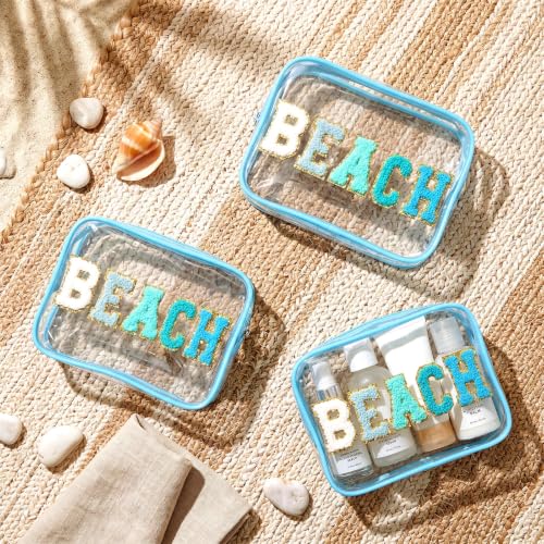 Kacctyen Clear Makeup Bag Bulk Summer Beach Sunscreen Pouch Waterproof Toiletry Cosmetic Zippered Organizer with Preppy Chenille Letter Patch(Beach,Lake Blue,8 Pcs) - color: Lake Blue, size: Beach
