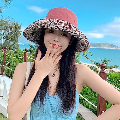 HUAMULAN Women Summer Sun Hat Wide Brim Wired Edge Floral Beach Bucket Hats Reversible Foldable Travel UV Protection Lady Hat - color: M2246-jiuhong