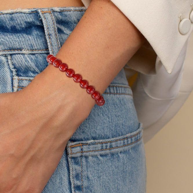 Gnamy Healing Crystal Bracelet for Women, Natural Stone Beaded Healing Crystal Bracelet Triple Protection Stress Relief Beads Jewelry Birthday Gifts Jewelry for Her - style: Red Carnelian