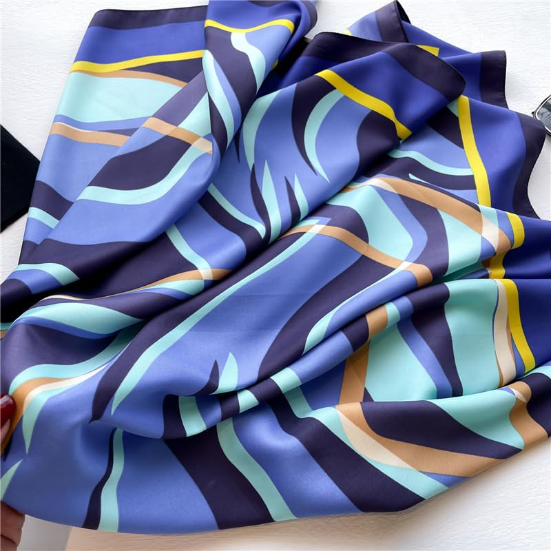 Women's Square Silk Like Head Scarf Large 35 inch Silk Feeling Hair Wrapping Satin Scarves for Sleeping Bandanas - color: A020-1 Twill Letter S Blue