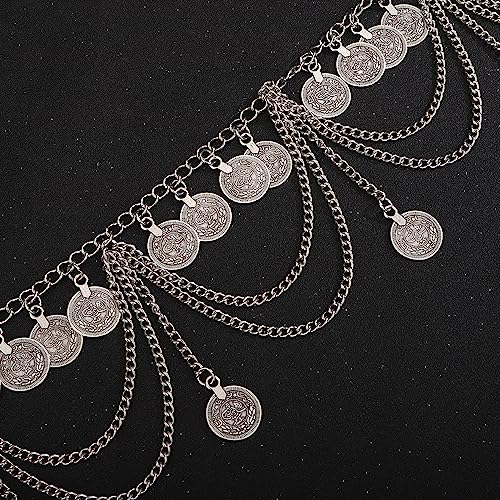 Wiwpar Boho Silver Sexy Multi Layer Metal Waist Chain Layered Body Chain Coin Belly Waist Chain Summer Beach Rave Body Jewelry for Women Disc Party Prom Wedding (Silver)