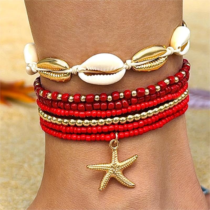 Pingyongchang Bohemian Stackable Shell Beaded Ankle Bracelets for Women Colorful Boho Multi-Layer Seashell Gold Starfish Adjustable Handmade Braid Bracelet Summer Beach Holiday Accessories Gifts - color: Red