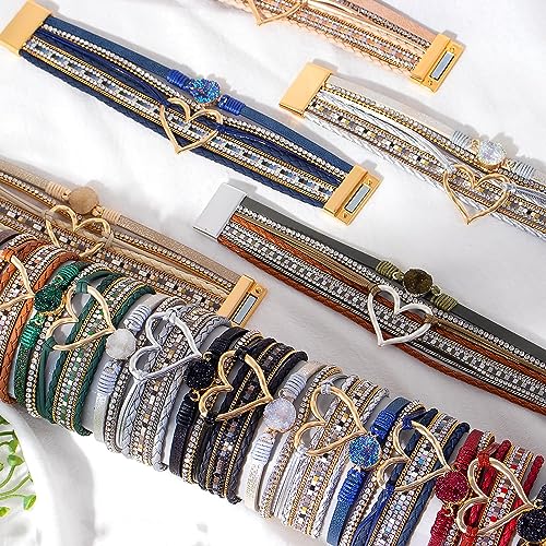 Long tiantian Leather Bracelets for Women Warp Bracelet Stackable Boho Layered Bracelet Chunky Heart Trendy Birthday Gifts for Her - color: A6:Bracelets for Women(Blue)