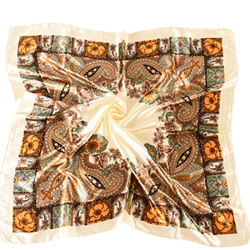35 x 35 Women's Fashion Pattern Large Square Silk Like Hair Scarf Head Sleeping Wrap Satin Neck Bandana for Gift… - color: Big Cashew Beige