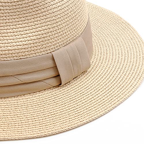 DRESHOW Women Straw Panama Hat Travel Fedora Beach Sun Hat Summer Wide Brim Straw Roll up Hats UPF 50+ - color: Wide Brim Hat: Khaki Square Knot