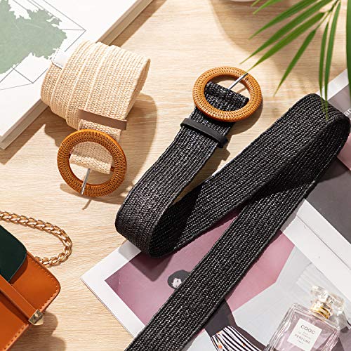 2 Pieces Women Straw Woven Elastic Stretch Waist Belt Skinny Dress Braided Waist Belt with Wooden Style Buckle - color: Black and White