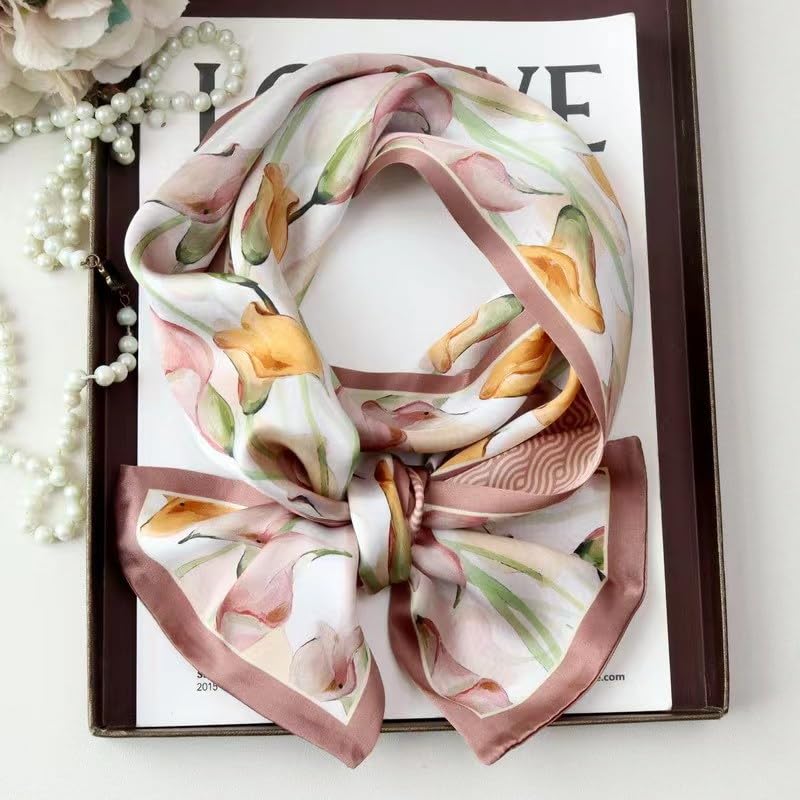 ANDANTINO 100% Silk Scarf for Women 59”*6.3” Long Shawls for Headscarf and Neck- Oblong Hair Wraps with Gift Packed - color: Callas-pink