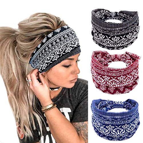 Bohend Boho Headbands for Women, Classic African Print, 3 Pack, Yoga Sports Hair Accessories, Navy Blue, Black, Burgundy