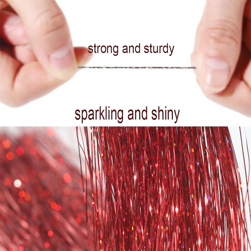 Celinebella Ruby Red Hair Tinsel, 48" 1250 Strands Crimson Shimmer | Vibrant ruby crimson red tone, rich bold shimmer, heat resistant, perfect for Christmas Thanksgiving holiday celebrations - color: 04-Crimson Glitter, size: 48 Inch Pack of 5Pcs