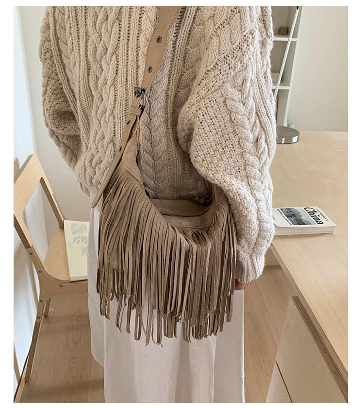 Fringe Genuine Suede Leather Hobo Bag Adjustable Crossbody Shoulder Bag Boho Retro Tassel Handbag Gift Box - color: Khaki