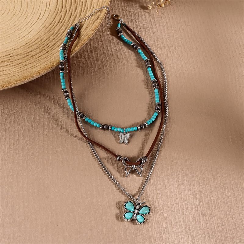 Pingyongchang Boho Layered Western Turquoise Necklaces for Women Vintage Stone Beaded Chokers Butterfly Catus Chain Country Concert Cowgirl Cowboy Jewelry Holiday Gifts - style: B Butterfly