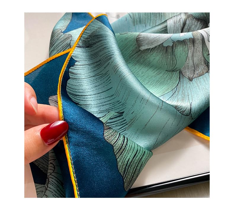 FEIBOON Mulberry Silk Scarfs Neck Scarf 21" Small Square Scarfs hair scarf bandana Neckerchief Headscarf for Women - color: Blue Flower Hand Painted
