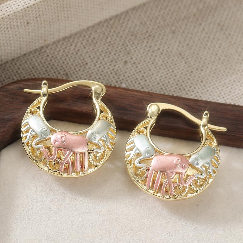 1 Pair of Simple and Retro Golden Color Hoop Earrings with Elephant Pattern Jewelry, An Elegant Women's Accessory, and A Beautiful Gift for Daily Festivals