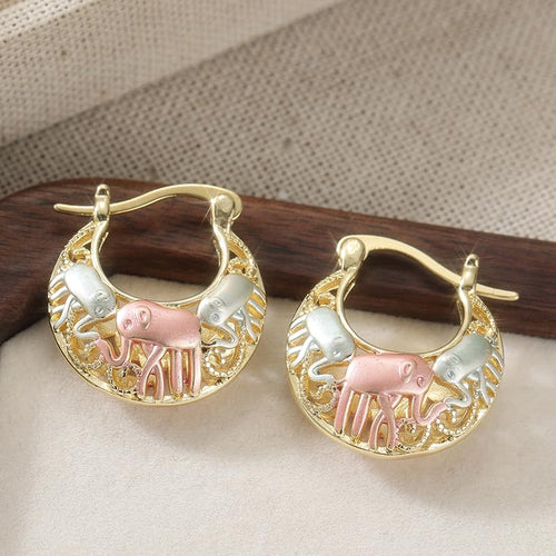 1 Pair of Simple and Retro Golden Color Hoop Earrings with Elephant Pattern Jewelry, An Elegant Women's Accessory, and A Beautiful Gift for Daily Festivals