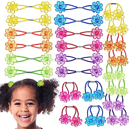 24pc Flower-Shaped Bright Multicolored Twin Bead Ponytail Ball Elastics | Value Pack. Fun Colorful Hair Ties & Bobble Holders for Girls, Kids & Toddlers. No-Slip Hold - Cute - color: Flower Twin