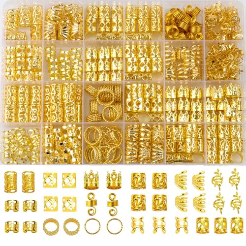 300 Pcs Gold Hair Jewelry for Braids,12 Styles Dreadlock Accessories, Adjustable Metal Hair Clips, Hair Cuff Coils Rings Braiding Decorations for Women Men - color: Gold