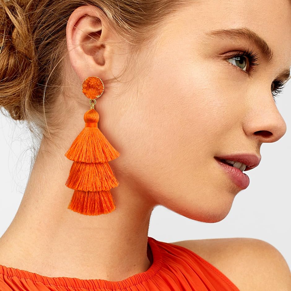 Me&Hz Colorful Layered Tassel Earrings Bohemian Statement Tiered Tassel Big Dangle Drop Earrings for Women Druzy Studs Valentine’s Day Gift - color: Orange