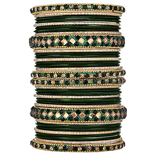 Aheli Ethnic Colorful Metal Bangles Chudha Set Stone Studded Bangle Set Indian Wedding Wear Fashion Jewelry Gift for Women Blue - color: Green