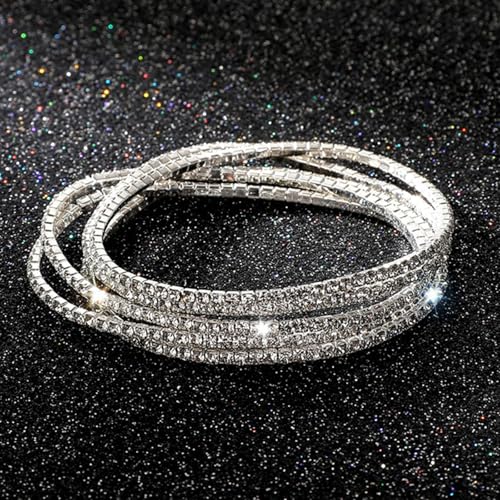 14K Gold Plated Dainty 10Pcs Colorful Cubic Zircon Crystal Beaded Adjustable Stackable Stretch Sparkling Tennis Chain Bracelet Set Birthday Wedding Jewelry for Women - color: silver