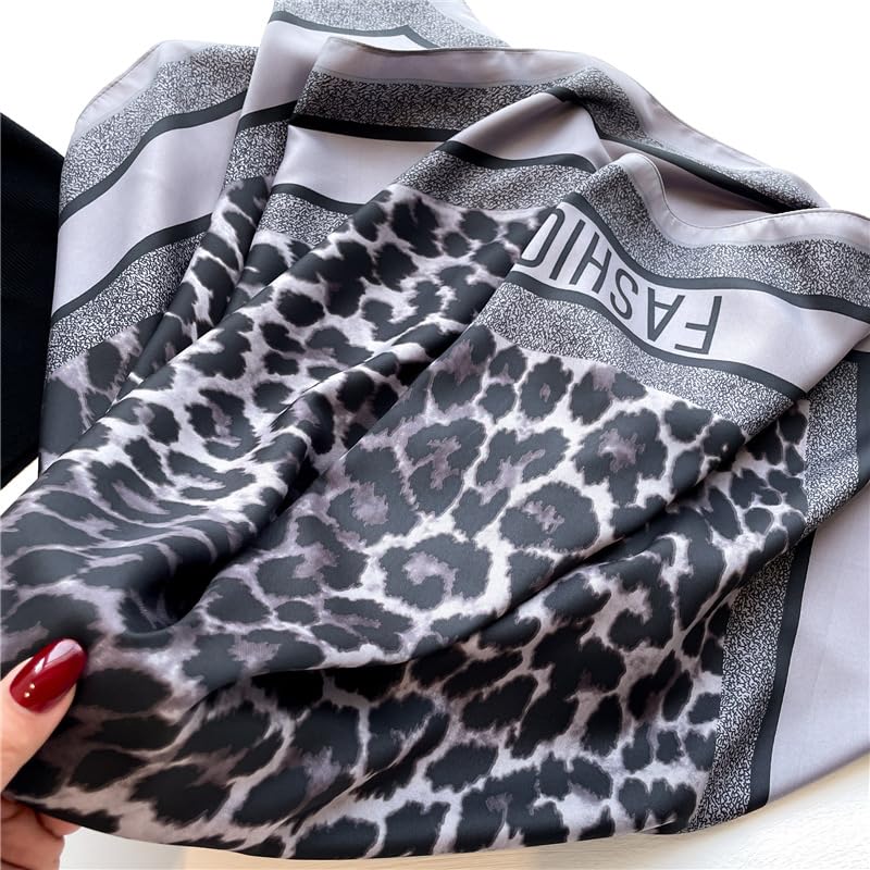 Women's Square Silk Like Head Scarf Large 35 inch Silk Feeling Hair Wrapping Satin Scarves for Sleeping Bandanas - color: A015-1 Twill Leopard Print Dark Grey