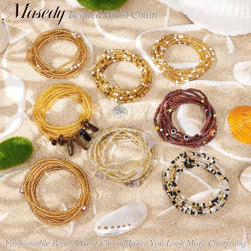 8PCS African Waist Bead Chains for Women Layered Belly Body Chain Handmade Plus Size Beaded Belly Chain Colorful Elastic Flower Butterfly Body Chains Summer Beach Bikini Body Jewelry 31-45in - style: Set A