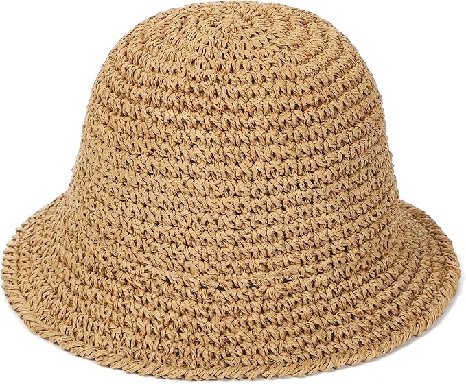 Womens Floppy Straw Sun Hat Packable Wide Brim Summer Beach Hat Foldable Crochet Bucket Hats - color: Khaki 2