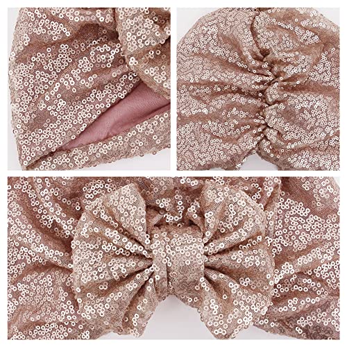 Erinaco Women Sparkle Sequin African Turban Bow Knot Pre-Tied Cap Pleated Ruffle Bonnet Beanie Hat Headwrap Skull Caps - color: Champagne Sequin