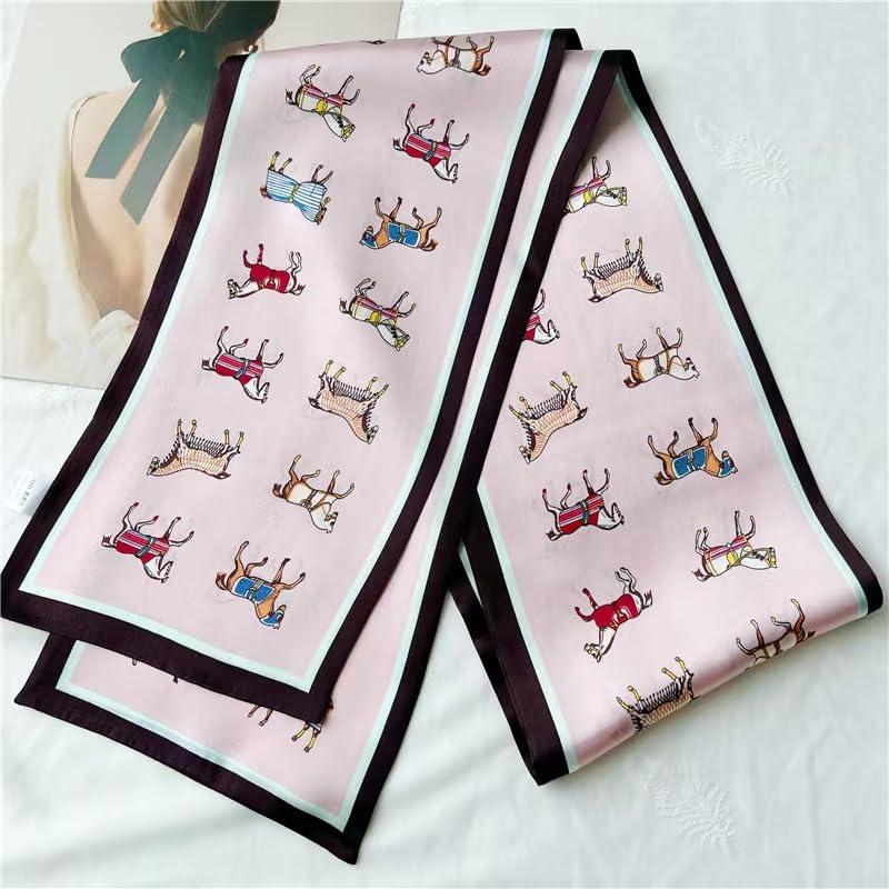 ANDANTINO 100% Silk Scarf for Women 59”*6.3” Long Shawls for Headscarf and Neck- Oblong Hair Wraps with Gift Packed - color: Pink-horses