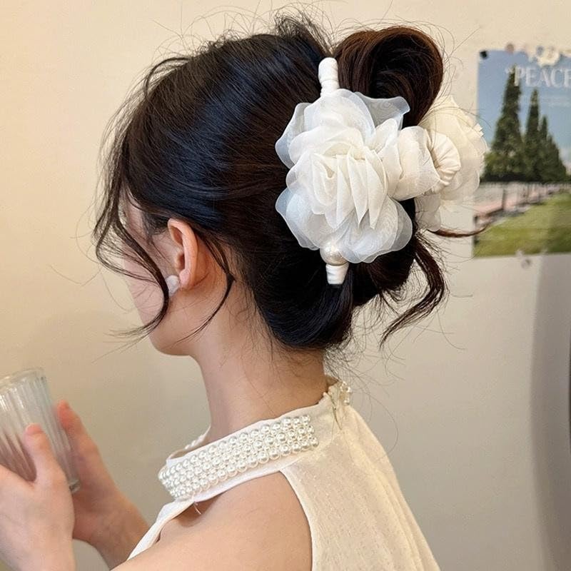 Large Chiffon Rose Flower Hair Claw Clips Boho Mesh Floral Hair Pins Barrettes Strong Hold Non-Slip Beach Vacation Hair Accessories for Women (White Large Chiffon Claw with Pearl) - color: White Large Chiffon Claw with Pearl