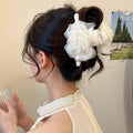 Large Chiffon Rose Flower Hair Claw Clips Boho Mesh Floral Hair Pins Barrettes Strong Hold Non-Slip Beach Vacation Hair Accessories for Women (White Large Chiffon Claw with Pearl) - color: White Large Chiffon Claw with Pearl