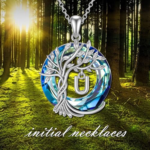TOUPOP Gifts for Women Tree of Life Initial Necklace 925 Sterling Silver Letter Pendant with Blue Crystal Birthday Jewelry Gifts for Women Her Mom Wife Daughter - color: Tree of Life U Initial