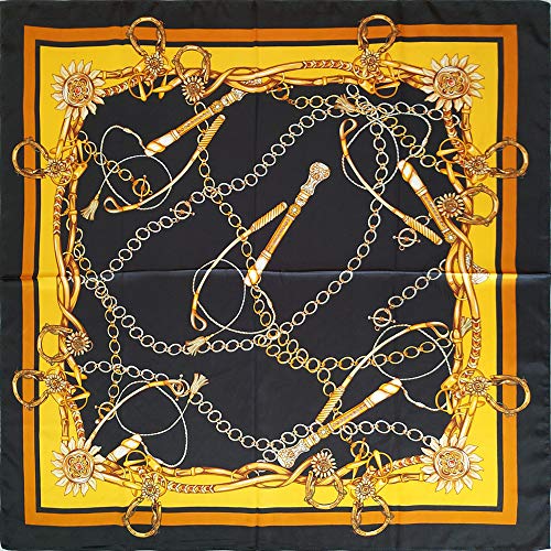 vabovin Satin Head Scarf for Women Silk Like Hair Scarf, 35 x 35 in | Silk Feel Fabric, Hair Wrap for Sleeping, Headscarf and Neck Scarf, Square Bandana Style, Fashion Accessory - color: 014 Black Golden Chain Print