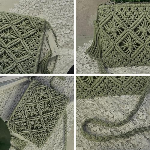 Eiyye Handmade Crochet Purse Boho Cotton Rope Crossbody Shoulder Bag with Tassel Casual Bag for Women - color: Green