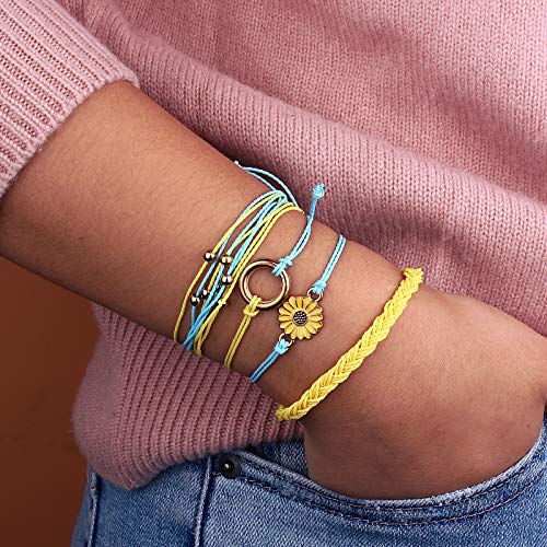 FANCY SHINY Easter Gifts Basket Stuffers Sunflower String Bracelet Boho Braided Rope Wrap Bracelets Cute Summer Beach Surfer Jewelry for Women - color: Yellow