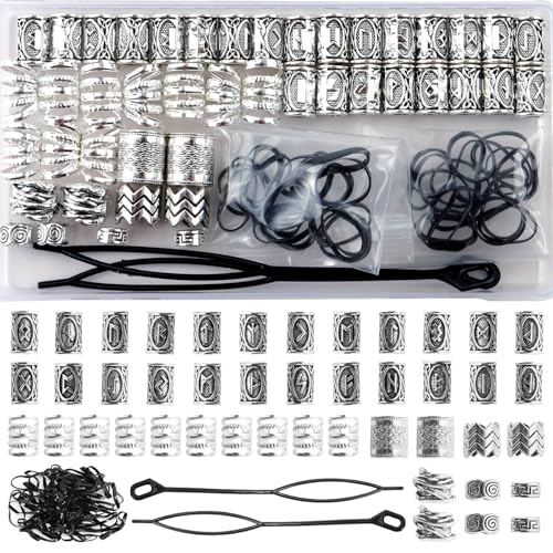 86 Pcs Viking Hair Jewelry 30 Styles Norse Runes Tube Beads，Metal Cuffs for Braids Dreadlock Beads, Hair Accessories Braiding Decorations for Women Men - color: Silver-86pcs