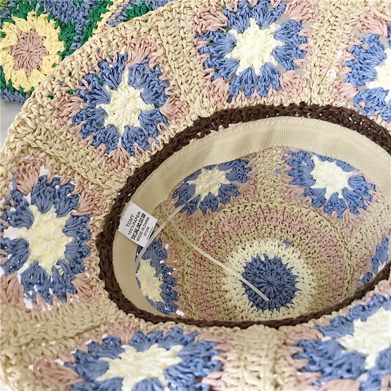 Women Straw Sun Hat Floral Woven Crochet Bucket Hat Y2k Aesthetic Accessories Beach Hat Hand Woven Boho Foldable Cap - color: Lavender