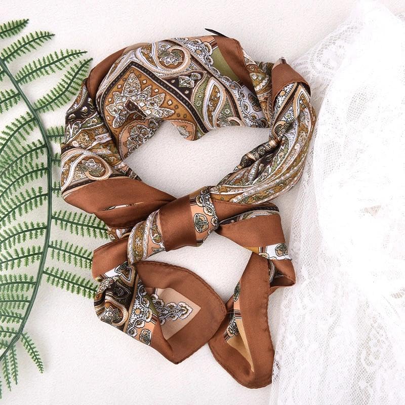 Guqqeuc Satin Head Scarf Silky Feeling Bandana Hair Wrap for Women Silk Scarves Paisley Headscarf Square Scarf Neckerchief - color: Brown