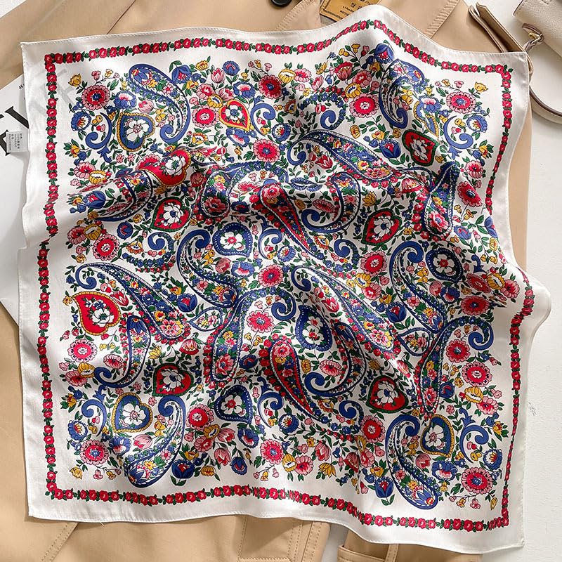 MEISEE 100% Pure Mulberry Silk Scarf 21" Square Scarf Neckerchief Headscarf Breathable Lightweight for Women Gift Packed - color: M3 White Blue Red Cashew Floral
