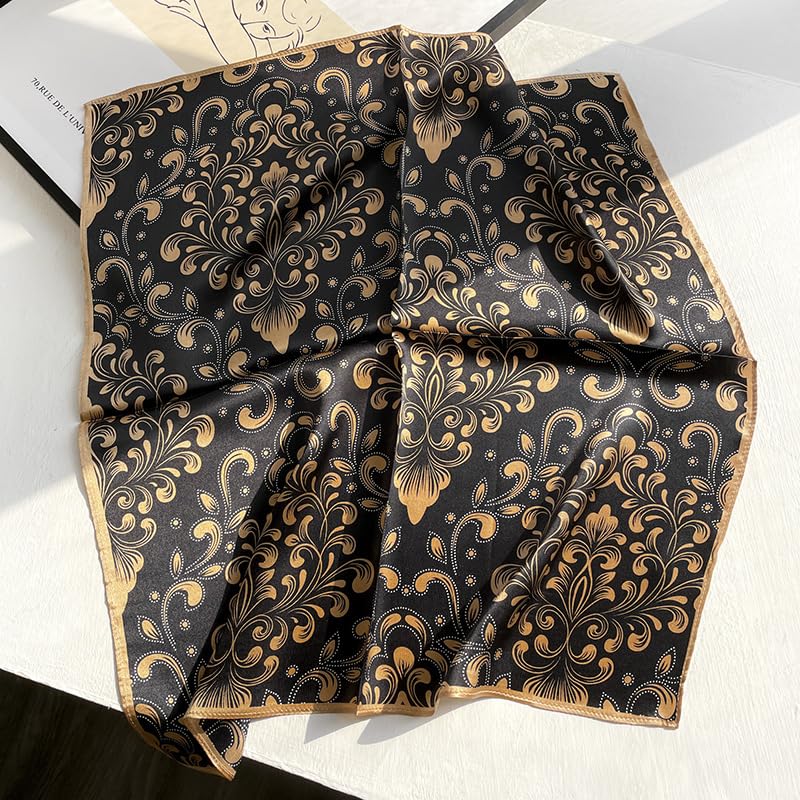 FEIBOON Mulberry Silk Scarfs Neck Scarf 21" Small Square Scarfs hair scarf bandana Neckerchief Headscarf for Women - color: Black + Khaki