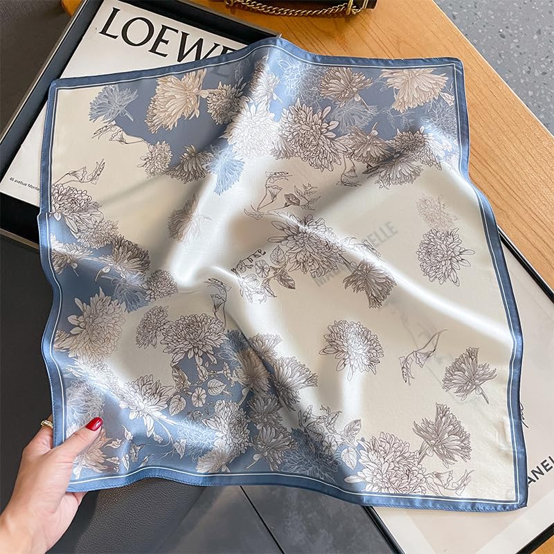 FEIBOON Mulberry Silk Scarfs Neck Scarf 21" Small Square Scarfs hair scarf bandana Neckerchief Headscarf for Women - color: White and Blue Flowers
