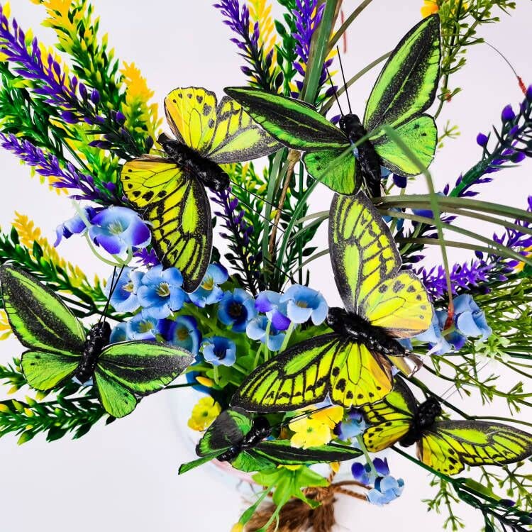 Berfutall- Feather Butterfly Decorations Set of 6 Vibrant Multi Colored Craft Butterflies on Clip .Party Spring Home Decor Floral Pics.St.Patrick'sDay - color: Green H