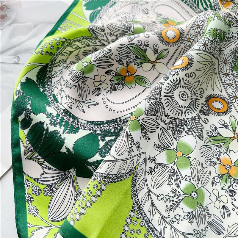 FEIBOON Mulberry Silk Scarfs Neck Scarf 21" Small Square Scarfs hair scarf bandana Neckerchief Headscarf for Women - color: Green Flower