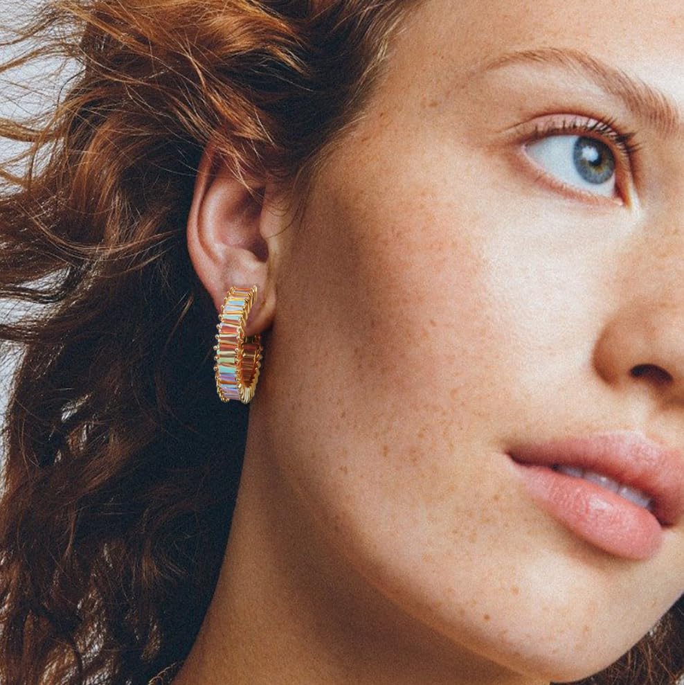 Trendy 14K Gold Plated Hoop Earrings for Women, Chunky Gold/Silver Earrings for Women Cubic Zirconia Baguette Hoop Earrings Heart Hoops Lightweight Hypoallergenic Jewelry,25mm/35mm/40mm/50mm - color: 01 Gold Iridescent Hoops 25mm