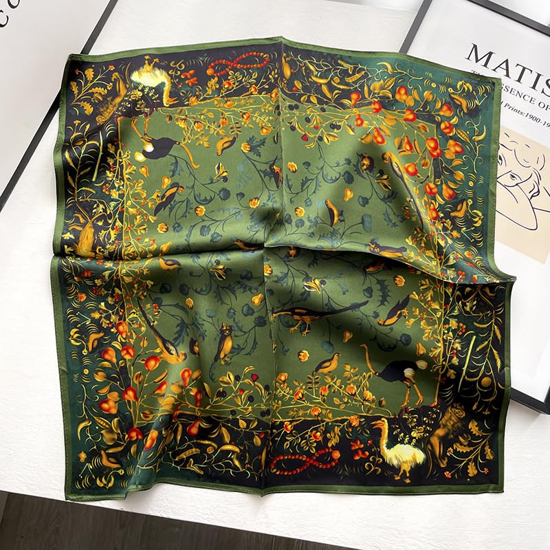 MEISEE 100% Pure Mulberry Silk Scarf 21" Square Scarf Neckerchief Headscarf Breathable Lightweight for Women Gift Packed - color: Green Flowers and Birds