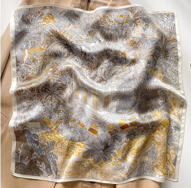 FEIBOON Mulberry Silk Scarfs Neck Scarf 21" Small Square Scarfs hair scarf bandana Neckerchief Headscarf for Women - color: Golden Grey